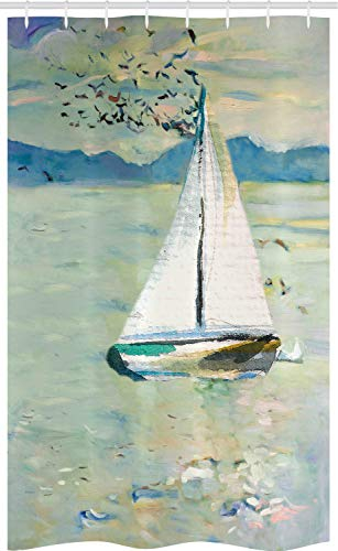ABAKUHAUS Art Stall Shower Curtain, Monet Sailing Boat, Fabric Bathroom Decor Set with Hooks, 47 x 70, Pale Blue Teal and White