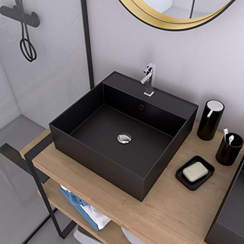 Squary Dark Waschbecken, quadratisch, Keramik, Schwarz, 41 x 41 x 15 cm