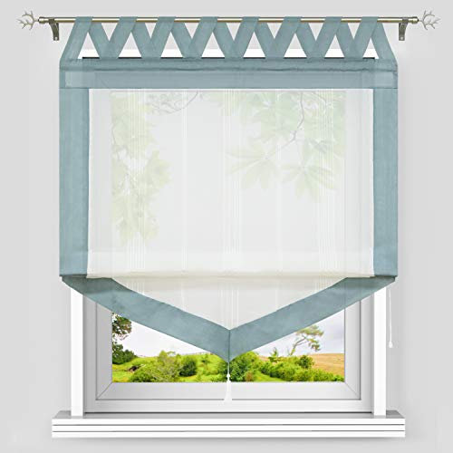 Heichkell Dreieckiges Raffrollo mit V-Schlaufen Halbtransparente Raffgardine Längstreifen und Quaste Moderner Gardinenstore Dreiecke Borte Schlaufenrollo Grün B/H 60/140cm