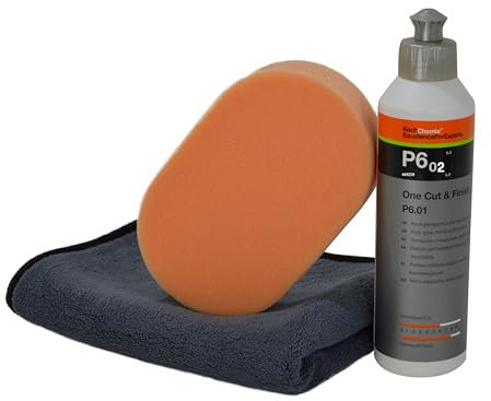 Handpoliturset - Liquid Elements Polierschwamm und darauf abgestimmter Koch Chemie Politur 250ml mit Finishtuch im praktischen Set (Polierschwamm medium + P6.02 250ml)