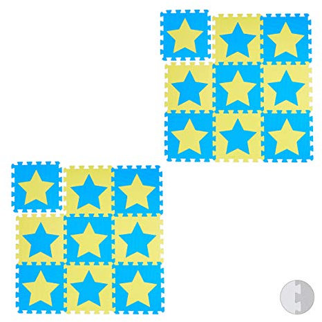 Relaxdays 18 TLG. Puzzlematte Sterne, 36 Puzzleteile, Eva Schaumstoff, schadstofffrei, Spielunterlage 91 x 91 cm, blau-gelb