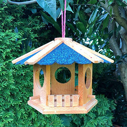 DARLUX Vogelhaus zum Aufhängen Maxi Ø 30 cm wetterfest Futterstelle Sechseck aus Holz (Klein, Braun/Blau)