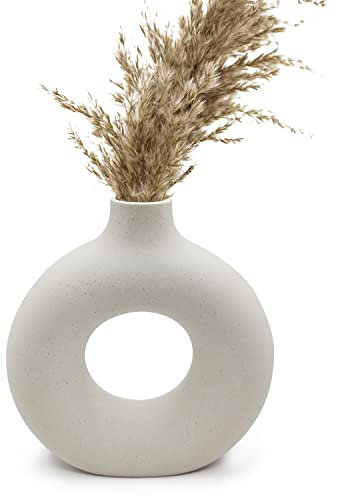 Jarrón de cerámica Hueco Circular,Jarrón de Flores Blanco Mate y 23 cm de Alto, jarrones Decorativos Arte Moderno Jarrones de Flores, Hierba de Pampas, Flores secas y Flores Cortadas