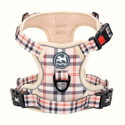 PoyPet Plaid Dog Harness with Neck Buckle, No Pull Vest with Front Clip | 2 Leash D-rings, Lockable, Reflective, No Choke, Adjustable, Soft Padded Handle for Walking Training, Large, Checkered Beige