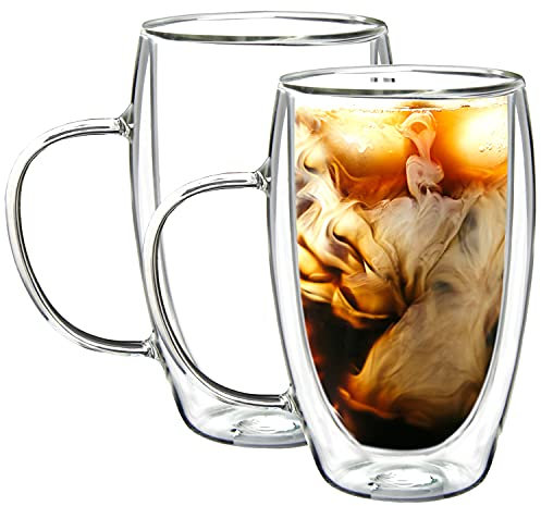 Youngever 2 Pack 450ML Glass Coffee Mugs, Double Wall Thermo Insulated Glass Coffee Cups, Glass Tea Mugs