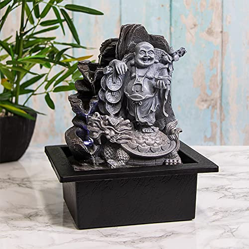 Indoor Water Fountain LED Light Money Buddha & Turtle Zen Meditation Home Decor