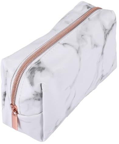 Nettoppo Weißer Marmor Pu Schreibwaren Federmäppchen Beutel Make-Up Tasche mit Roségold Reißverschluss für Mädchen Teenager