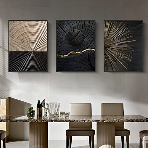 HEHGVCF Retro Minimalistisches Poster Bilder,Schwarz Gold Jahresringe Bilder Set 40x60cm, Gold Jahresring Linien Leinwand Bilder,Moderner Wandkunst,Ohne Rahmen (3 Stück,40 x 60cm)