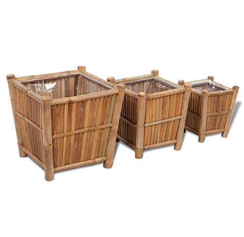 Makastle Lot de 3 Pots de Fleurs avec Doublure en Nylon - pour l'intérieur et l'extérieur - Résistant aux intempéries - Bambou