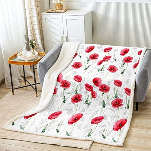 Loussiesd Rot Blumen Kuscheldecke Mohn Druck Decke 150x200cm Natur Bauernhaus Wildblumen Wiese Bemalt Pflanze Dekorativ Wohndecke Grün Weiß Rot Mohn Flanell Fleecedecke für Mädchen Frauen