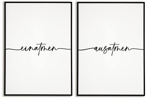 Einatmen Ausatmen Poster - Yoga Entspannung Relax Wandbild Wanddeko - 2x DIN A4 mit Bilderrahmen schwarz