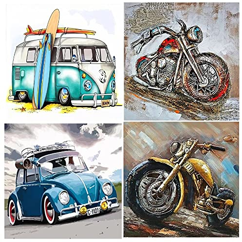 DCIDBEI 5D DIY Diamant Painting Auto 30x30 cm 4 Set Diamond Painting Motorrad Puzzle Strass Stickerei Kreuzstich Kunst Handwerk Diamant Painting Bilder Kinder Malen nach Zahlen Erwachsene Bastelset