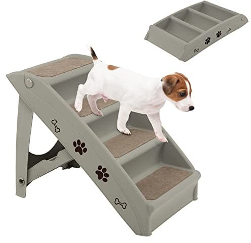 COSTWAY 4-stufige Haustiertreppe mit Teppichboden, Hundetreppe Kunststoff Katzentreppe faltbar, Hunderampe tragbar Tiertreppe für Hunde und Katzen, Tierrampe zum Klettern und Kratzen (Grau)