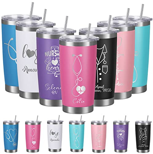 Krankenschwester-Geschenke, personalisierte Krankenschwester-Becher mit Deckel und Strohhalm, individueller isolierter Becher mit Gravur, personalisierter Edelstahl-Kaffeebecher, Geschenke für Männer