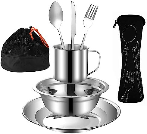 MOUFIER Outdoor Camping Cutlery Set Stainless Steel Tableware Mess Kit Includes Plate Bowl Cup Spoon Fork Knife in Mesh Bags for Camping Backpacking & Hiking for 1 Person