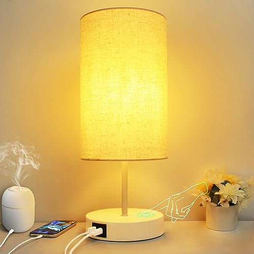 Allesgute Touch Dimmbar Nachttischlampe mit Ladefunktion, Klein Tischleuchte mit USB A+Typ-C-Anschlüssen, E27 LED Tischlampe Beige mit Schirm für Schlafzimmer, Wohnzimmer (inkl. 6W Warmweiß Glühbirne)