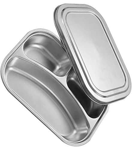 Yardwe Divided Dinner Plate Stainless Steel Divided Plates/Compartment Trays, Rectangular Divided Dinner Tray with Lid, 4-Section Dinner Plates, for Portion Control, Camping