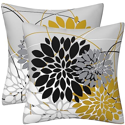 Schwarz-gelbe Kissenbezüge, 45,7 x 45,7 cm, Dahlie, Frühling, Sommer, Überwurfkissen, geometrisches Blumenmuster, elegante Linie, quadratische Kissenbezüge, Bauernhaus, Outdoor, Heimdekoration für