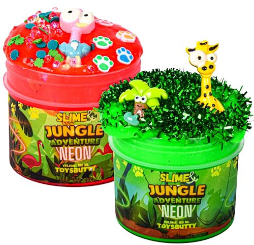 ToysButty 2 Stretchy Slime Neon Slime Kit, Create with Kids Jungle Adventure Theme, Premade Slime Making kit, 8 Slime Accessories, 2 Big charms Putty Set Toy Slime Kits for Girls Boys