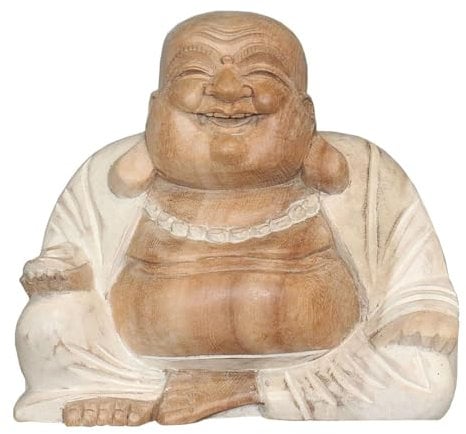 Oriental Galerie Figur Happy Buddha-Figur China Skulptur Sitzend Budai Figur 20 cm Holz Weiß Mittel