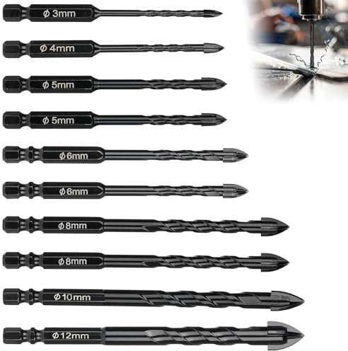 Nutmanel 10 Pezzi Punta Porcellana, Punte Trapano Punta per vetro e piastrella 3/4/5/6/8/10/12 mm, Attacco Esagonale, per piastrelle, ceramica, mattoni, Granito, vetro, legno, marmo