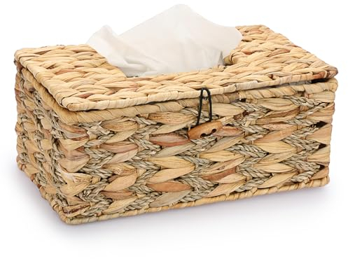 TOLIDA Caja de pañuelos tejida de algas marinas y jacintinas de agua, rectangular, impermeable, dispensador de pañuelos largo para salón, baño, restauraunt, hoteles (27 x 15 x 13 cm)