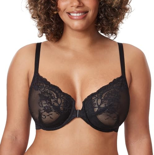 DELIMIRA Femme Soutien Gorge Fermeture Devant avec Armature Grande Taille Dentelle Non Rembourré Noir 100E