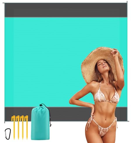 Tapis de Plage Imperméable 250 x 200cm, Natte de Plage, Couverture de Plage Grande, Serviette de Plage Anti Sable avec 4 Clous Fixes, Couverture Plage pour Plage, Camping, Parc, Picnic, Voyage ect