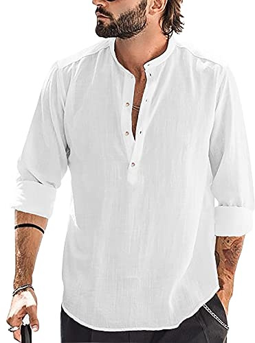 Runcati Camisa de lino de algodón para hombre, manga larga, cuello alto, camisa de playa, camisa de verano, camisas elegantes
