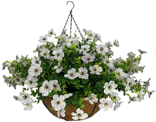 Flores de violetas artificiales de 12 pulgadas con cesta colgante, flores de plástico para decoración de jardín e interiores (blanco)