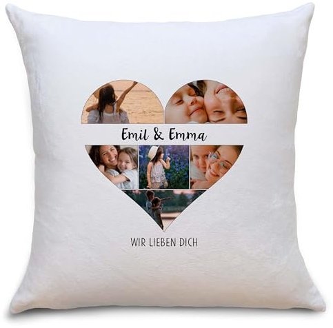 OWLBOOK® Fotogeschenk Foto Kissen Muttertagsgeschenk Geschenke für Mama zum Muttertag | Geburtstagsgeschenk für Mama Geschenk Geburtstag Polster | Herz mit eigenem Wunschtext | Flauschig 40x40