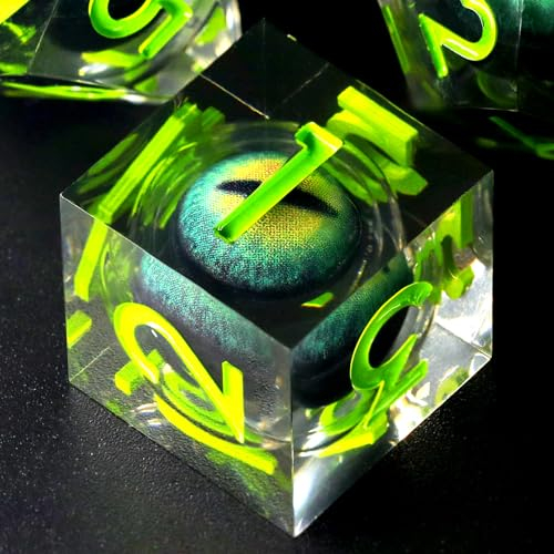 FONVGOGO DND Würfel Set Bewegliche Drachenauge Harz Dungeons and Dragons Polyedrische D&D Würfel 7 Stück Spielwürfel mit Geschenkbox DND Dice Set (Drachenauge Grün)