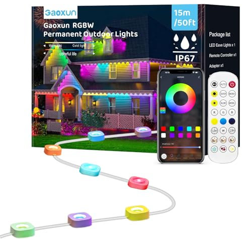 Gaoxun Permanente Außenbeleuchtung 15m, RGBW Farbwechsel Außenleuchten Dimmbar, Musik Sync, 47 Szenenmodi, Timer, Trauflichter IP67 Wasserdicht, Tägliche Beleuchtung für Party, Zuhause, 15m 30 LEDs