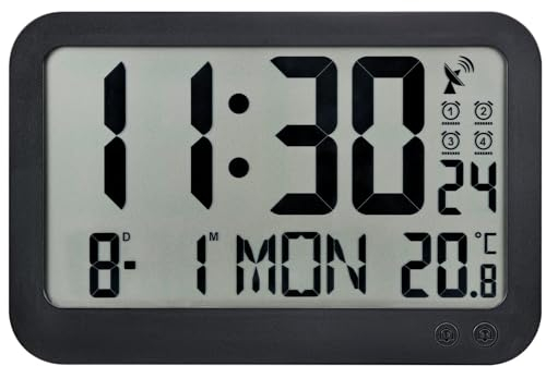 Atlanta Funk Wanduhr Tischuhr Wecker große LCD Digital Anzeige mit Temperatur 4 Alarme Snooze Tag Datum Rechteck - 4519