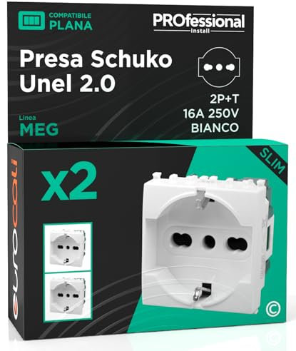 Presa Elettrica Schuko Unel 2.0 P40 16A 250V Compatibile con Vimar Plana Presa Italiana 2P+T Bipasso Bivalente 10/16A Frutti Elettrici Colore Bianco - Confezione da 2