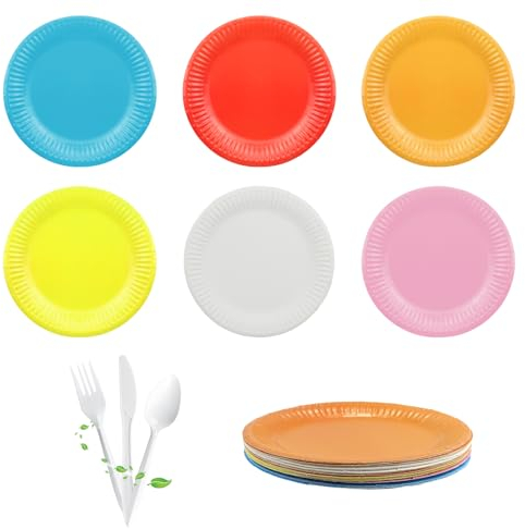 ELEpl 120 Pièces 18cm Assiettes Carton Couleur DIY Rondes Party Vaisselle Set BiodéGradable Assiettes en Papier pour Anniversaire Fête Mariages Pique Niques Création Artisanale 6 Couleurs