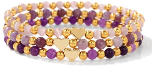 BohèMe Bracelet Perlé Pour Femme,3 Pcs Multicouche Crystal Bead Bracelet, Bracelet En Forme De Coeur,Bracelet Pierre Naturelle, Cadeau D'Anniversaire De NoëL, Meilleur Ami De La (La Couleur Violette)