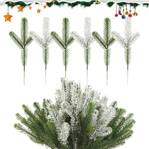 Elepl 48 Pezzi Rami di Pino Artificiale 24cm Rami di Aghi di Pino con Neve Finta Rami di Abete Plastica per Albero di Natale Ghirlanda Fai da Te Decorazione per la Casa