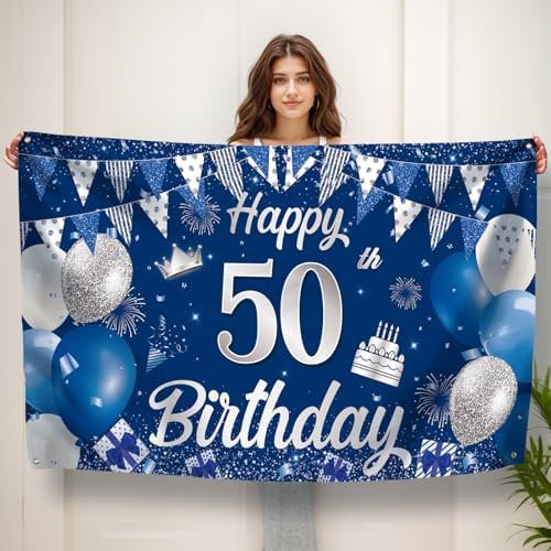 Koliphy 50. Geburtstag Banner, 50 Geburtstagsbanner Deko für Männer & Frauen, Handgehalten Stoff 50. Geburtstagsdeko Party Dekoration für Drinnen und Draußen(Blau Silber)