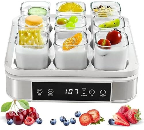 SONLED Macchina per Yogurt Digitale, Macchina per Yogurt, con 9 vasetti di Vetro, con Display LED e Timer, contenitori in Vetro da 52 Once/vasetti per Yogurt, Facile Pulizia, per Yogurt Biologico