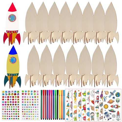 246Pcs Holz Raketen Bastelset für Kinder, Basteln für Kindergeburtstag mit Farbstifte, Strasssteine, Aufkleber - DIY Bastelsets und Geschenke