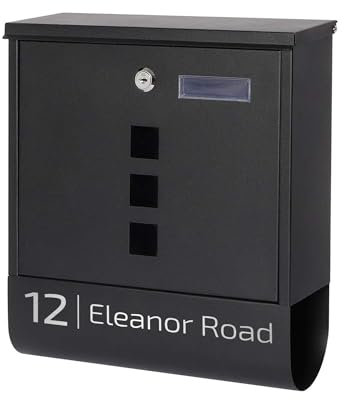 Housics Personalized Contemporary Post Box, Wall Mounted Waterproof Letter Box with Keys, Modern Mailbox Design, Newspaper Slot, Secure Lockable Postbox Black (Design 2)