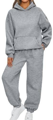 Streatwear Trainingsanzüge Für Damen Weich Sweatshirts Einfarbig Jogginganzug Hoodies Hosen Set Warm Freizeitanzug Sportkleidung Frauen Set Freizeitanzug Damen Elegant (3-Gray,XXL)