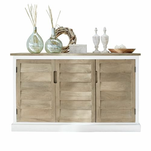 Loberon Sideboard Frapelle, Beste Handwerksqualität, Front in Lamellen-Optik, mit versteckten Schubladen innen, Kommode, Mangoholz, weiß/braun