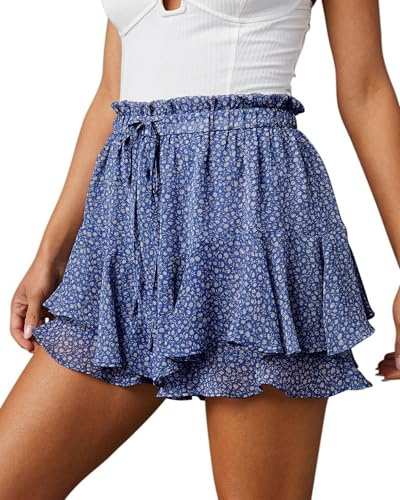 Oyamiki Floral Skorts for Women UK Mini Ruffle Skirt Pleated Summer Casual Flowy Skirts Elastic Waist Layered Boho Shorts