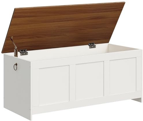 HOOBRO Truhen, Sitzbank mit Stauraum, Spielzeugkiste mit Deckel, 120 cm Aufbewahrungstruhe, Truhe mit Sicherheitsscharnier, Eingangsbereich, Schlafzimmer, Wohnzimmer, Weiß und Walnuss EWH412CW01