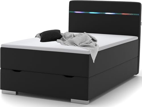 wonello Monza Boxspringbett 120x200 mit Bettkasten in Anthrazit I LED Beleuchtung und USB Anschlüssen I Design Bett für Jugendliche und Erwachsene I Stauraumbett mit Matratze und Topper