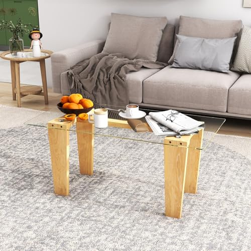 GIANTEX Table basse rectangulaire, table de soutien avec plateau en verre trempé transparent et cadre en bois de caoutchouc, table centrale pour canapé de style moderne pour salon, naturel
