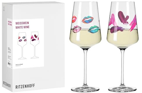 RITZENHOFF 8116002 Weißweinglas 2er Set 500 ml, Serie Fashion - 2 Stück, Kussmund Motiv rot, Made in Germany