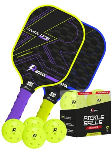 RAYOX Set de Pickleball Cyclone con 4 Pelotas, Fibra de Carbono, Agarre Ergonómico, Ligeras y Duraderas, Interior y Exterior, Principiantes y Profesionales (2 Cyclone Azul+Morada)